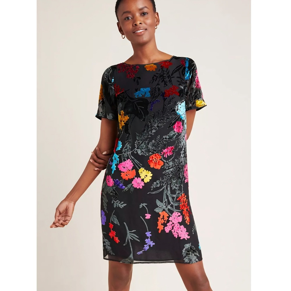 MAEVE Anthro Alisa Burnout Velvet Floral Silk Blend Boho Chic Tee Dress sz4